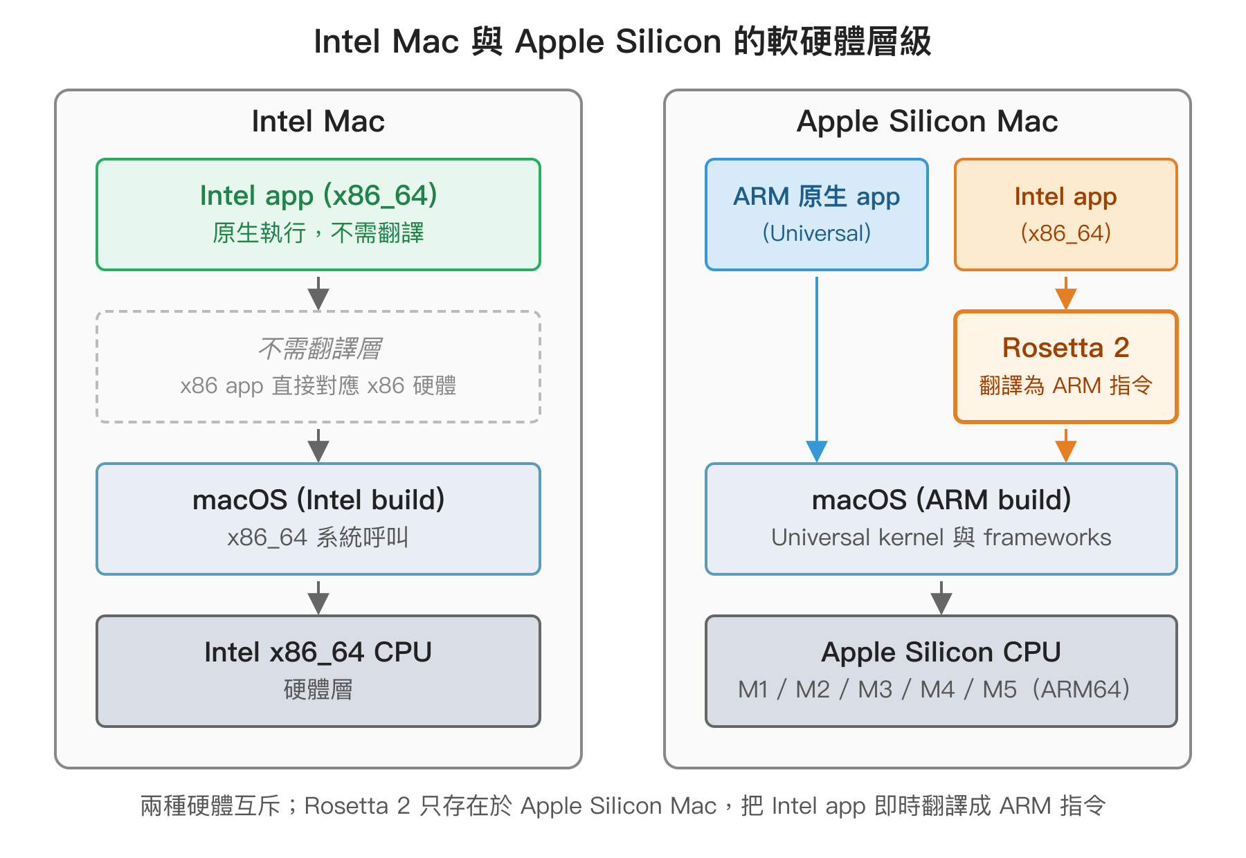 Intel Mac 與 Apple Silicon Mac 的軟硬體層級對照：Intel Mac 上 Intel app 直接對應 Intel CPU 不需翻譯；Apple Silicon Mac 上 ARM 原生 app 直接執行，Intel app 則需要透過 Rosetta 2 翻譯成 ARM 指令