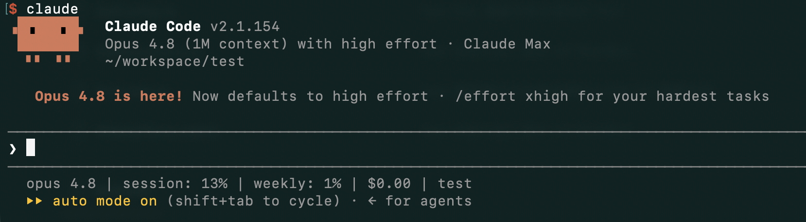 Claude Code v2.1.154 啟動畫面，顯示 Opus 4.8（1M context）with high effort 已是預設模型，並提示 /effort xhigh 可用於最困難的任務