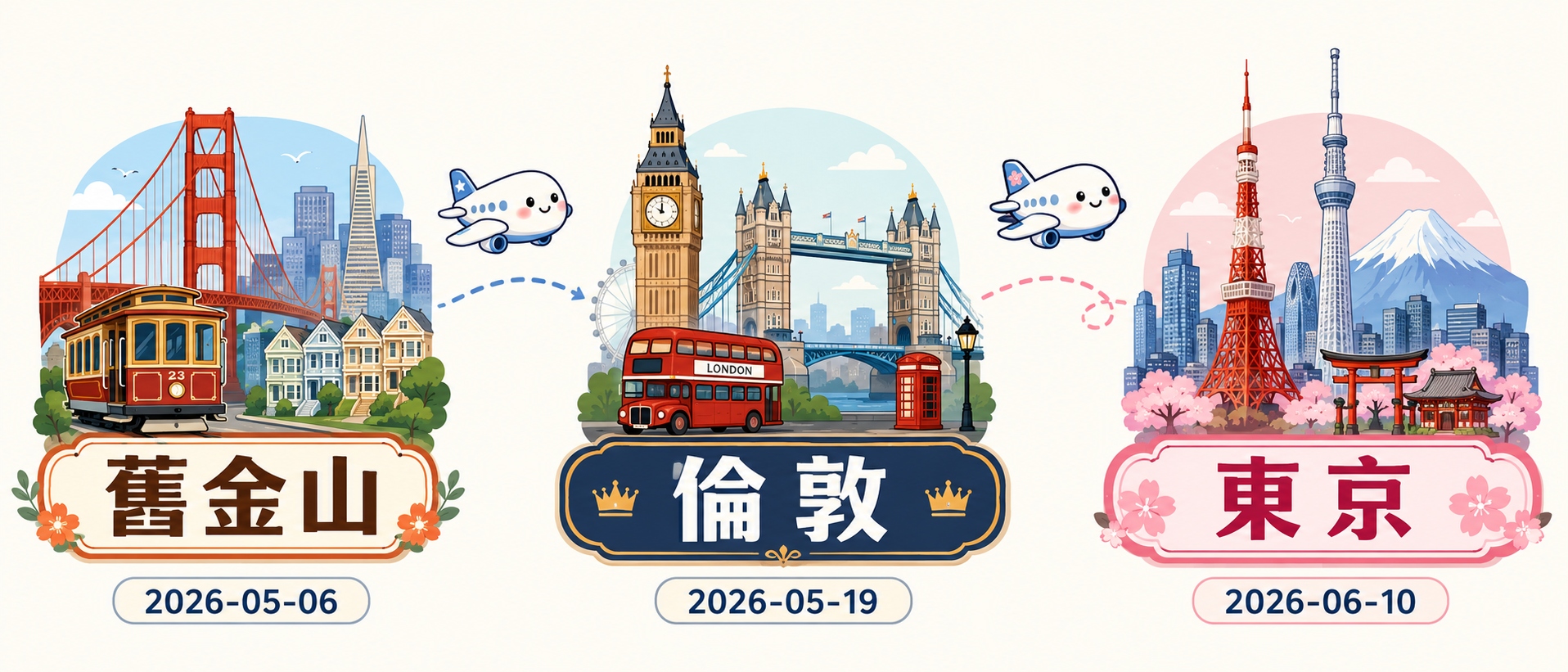 Code with Claude 2026 三場主場插畫：舊金山金門大橋與纜車（2026-05-06）、倫敦 Big Ben 與雙層巴士（2026-05-19）、東京鐵塔與晴空塔加櫻花（2026-06-10），中間用小飛機路線串連