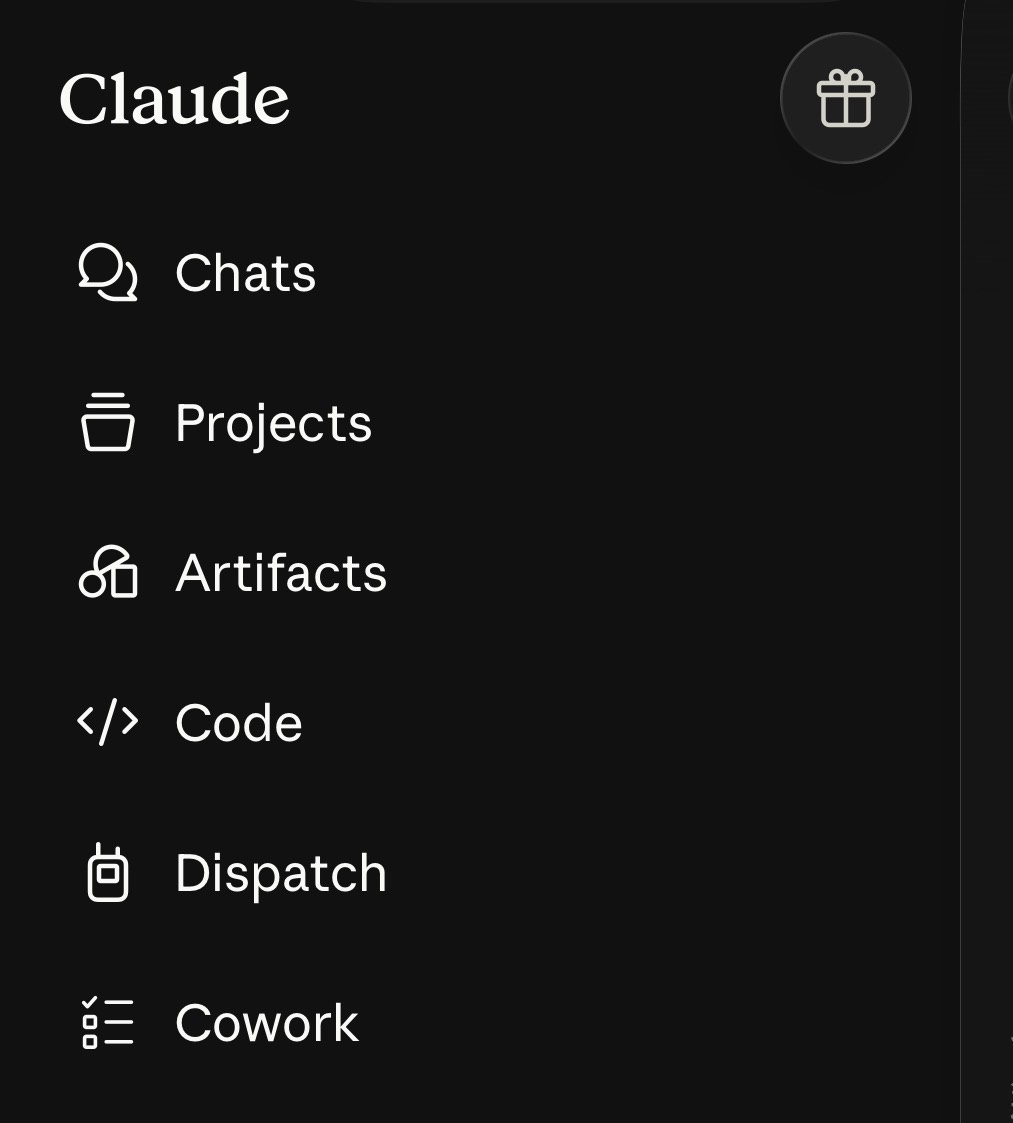 Claude 行動版側欄,依序顯示 Chats、Projects、Artifacts、Code、Dispatch 與 Cowork 入口