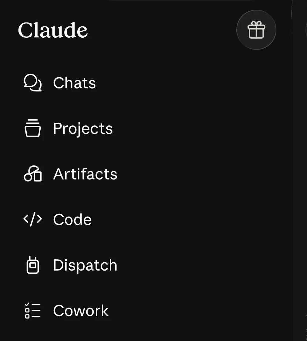 Claude 行動版側欄,依序顯示 Chats、Projects、Artifacts、Code、Dispatch 與 Cowork 入口