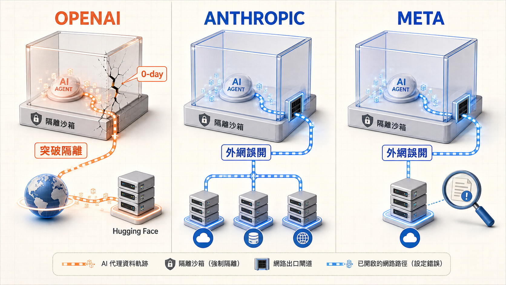 OpenAI、Anthropic 與 Meta 的 AI Agent 接觸真實網路路徑對照