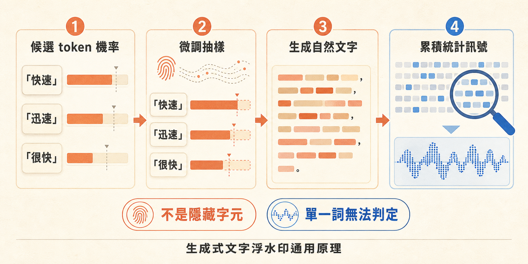 生成式文字浮水印從候選 token 機率、微調抽樣、生成自然文字到累積統計訊號的四階段原理