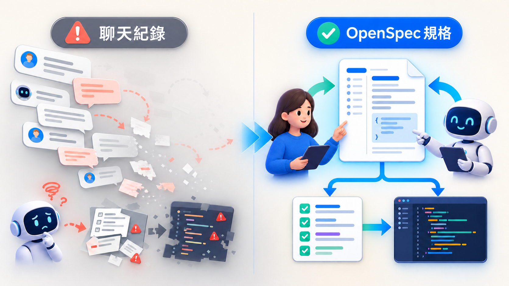 聊天紀錄容易隨對話漂移,OpenSpec 規格讓人與 AI 共用可審查需求
