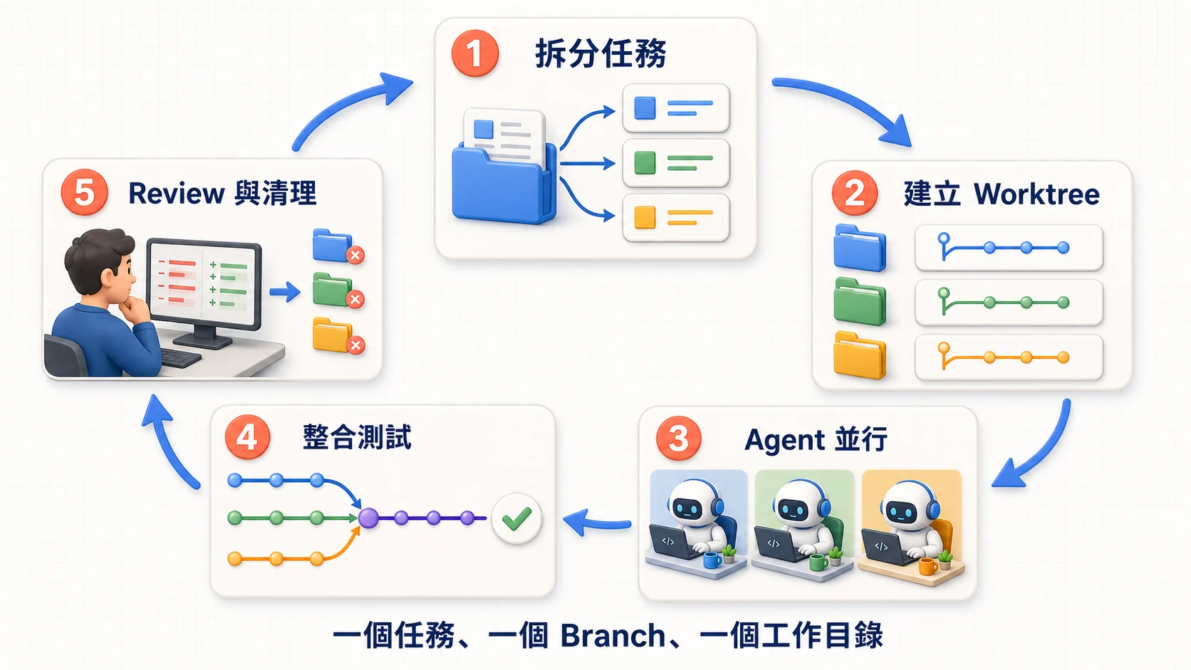 Git worktree 多 Agent 開發從拆分任務、建立 worktree、並行工作、整合測試到 review 清理的五步驟流程