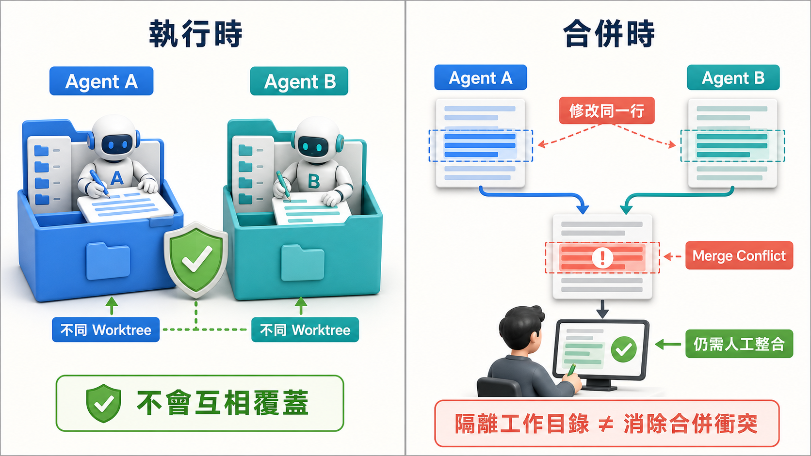 兩個 Agent 在不同 worktree 執行時不會覆寫檔案，但修改相同程式碼後合併仍會產生 merge conflict