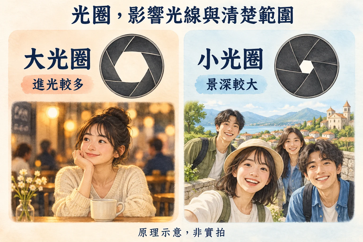 可變光圈概念示意：較大開口讓更多光線進入，較小開口增加前後清楚範圍