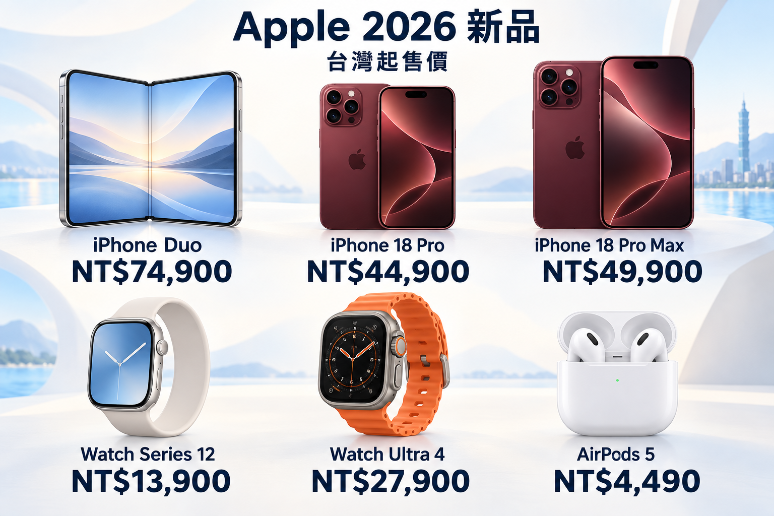 Apple 2026 新品示意與台灣起價:iPhone Duo 74900元、18 Pro 44900元、Pro Max 49900元、Watch Series 12 13900元、Ultra 4 27900元、AirPods 5 4490元