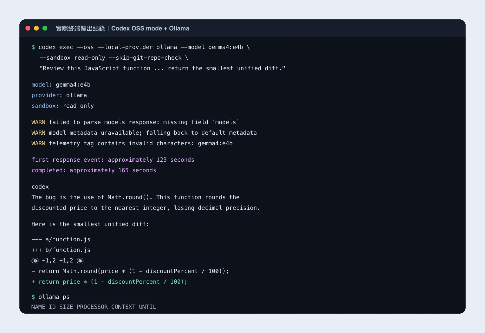 依 8 月 29 日紀錄整理的 Codex OSS mode 使用畫面，E4B 回傳折扣函式的建議 diff，沒有修改檔案