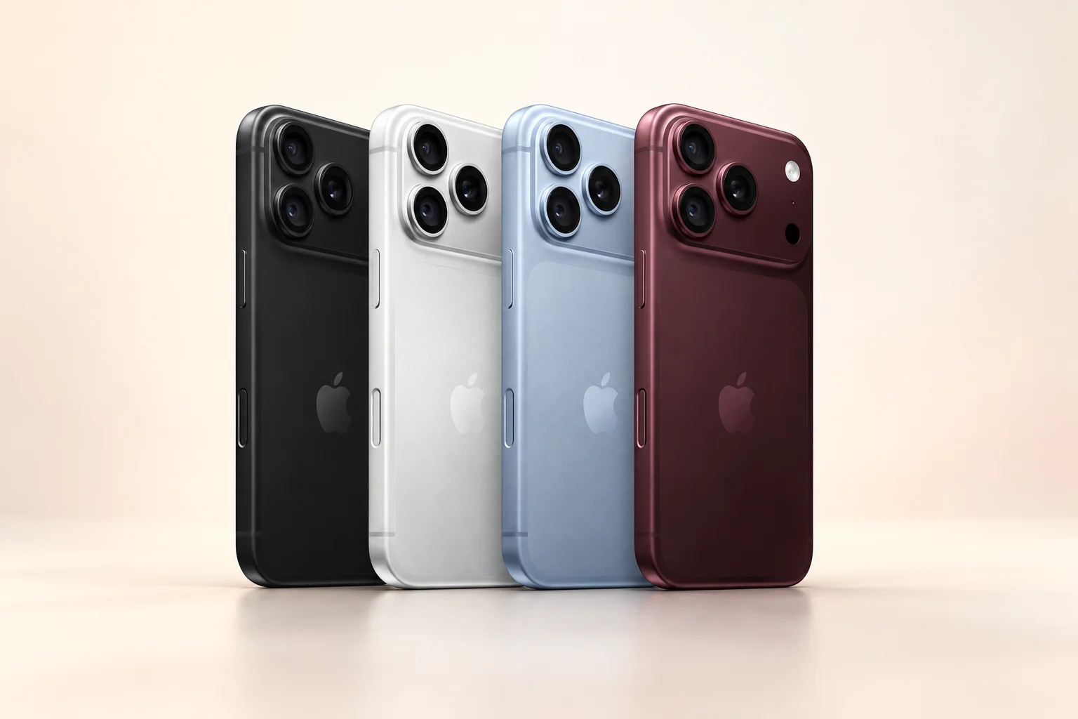 iPhone 18 Pro 四色配色示意，背景已調整，由左至右為黑色、銀色、冰川藍色與勃根地紅色