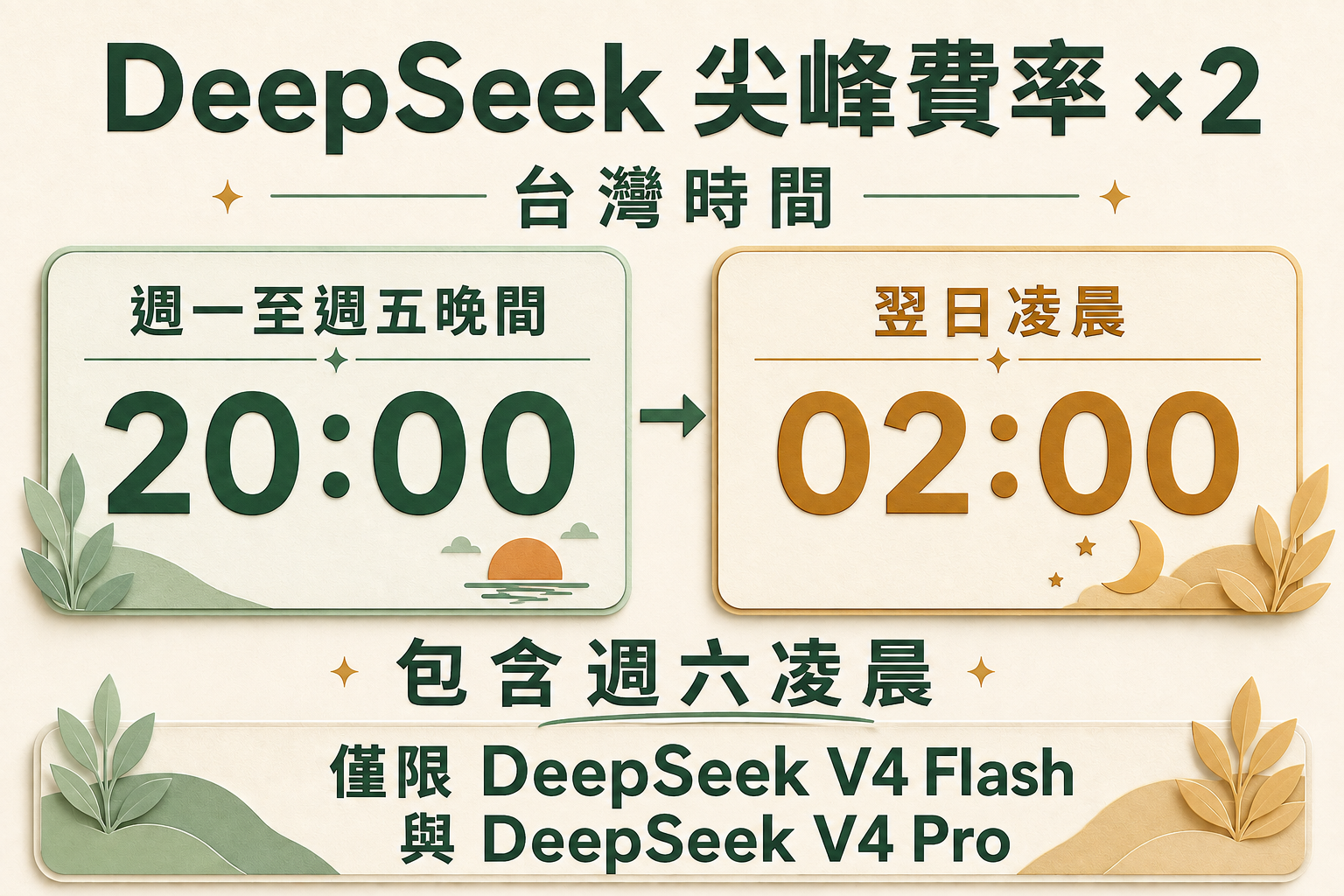 Ollama Cloud 的 DeepSeek V4 Flash 與 V4 Pro 尖峰費率為一般時段兩倍，台灣時間每週一至週五 20:00 開始，到翌日 02:00 結束，包含週六凌晨