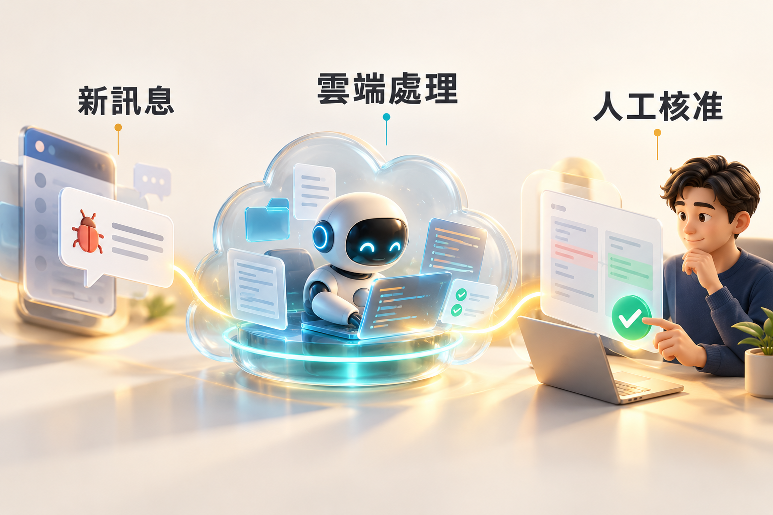 Dots 收到新資訊後在專屬雲端電腦調查處理，再把需要人工確認的結果交回使用者