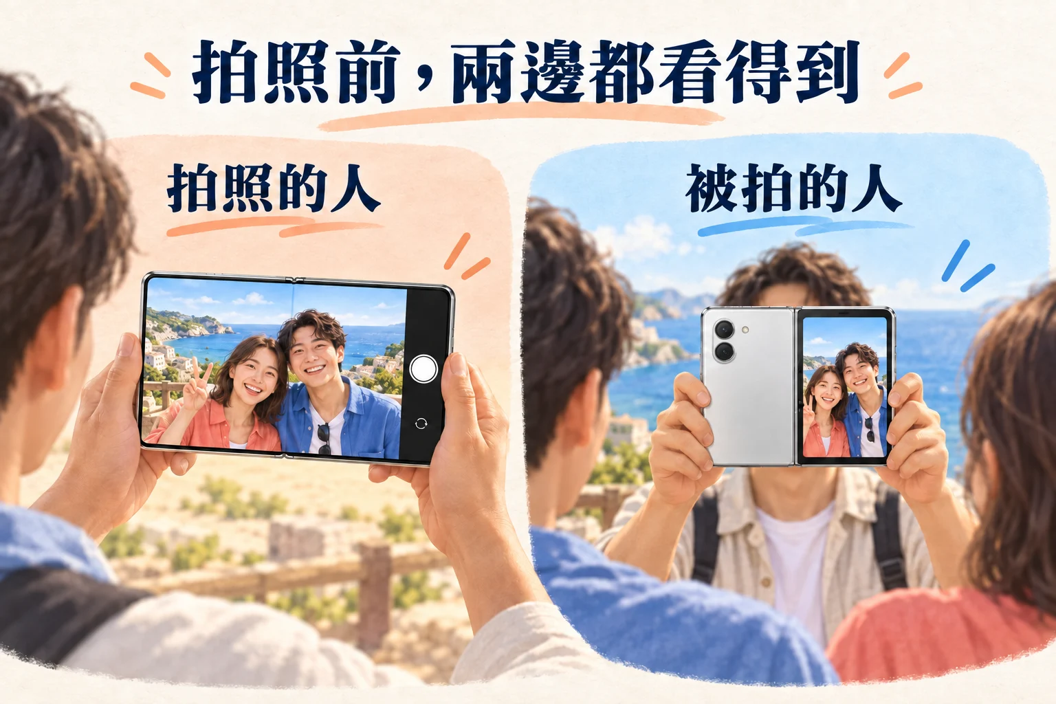 iPhone Duo 雙面預覽示意：拍照者從內螢幕取景，被拍者從背面的外螢幕確認自己的表情與站位