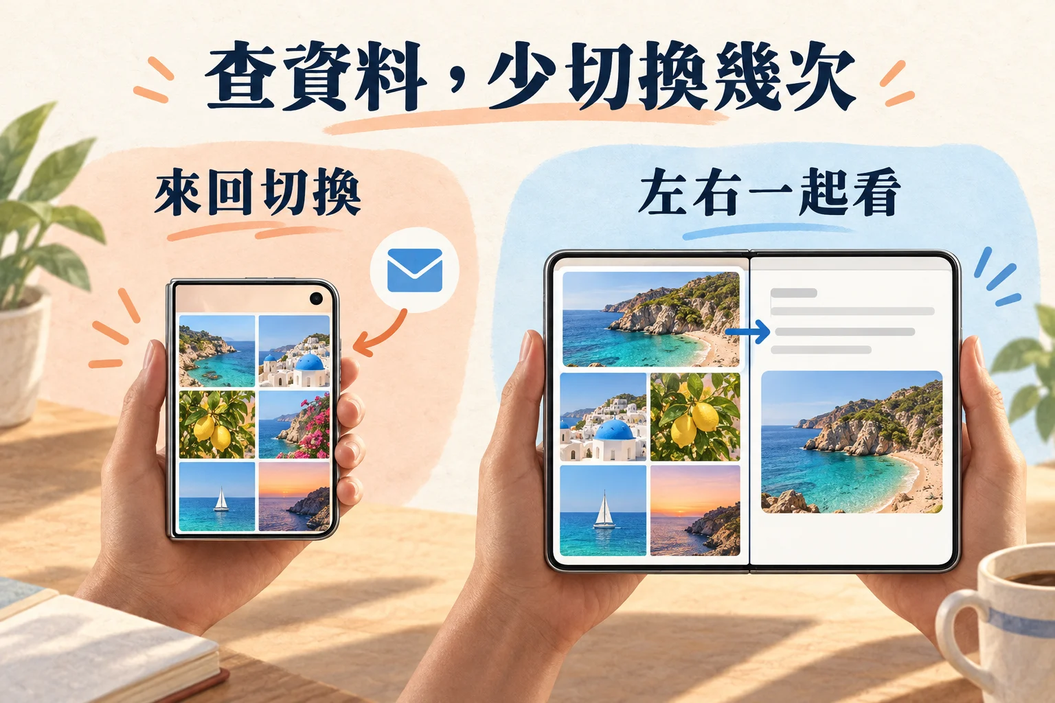 概念示意：在單一畫面來回切換 App，與在 iPhone Duo 內螢幕並排照片和郵件、拖入照片附件的差別