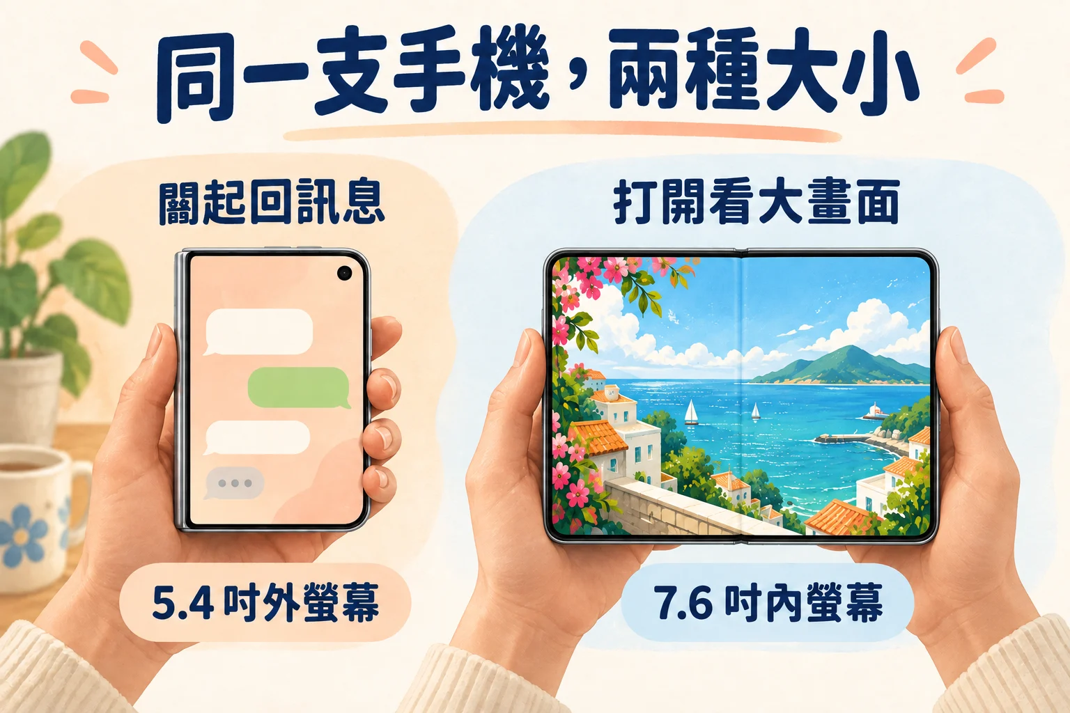 iPhone Duo 使用情境示意：闔起以 5.4 吋外螢幕回訊息，展開以 7.6 吋內螢幕觀看較大畫面