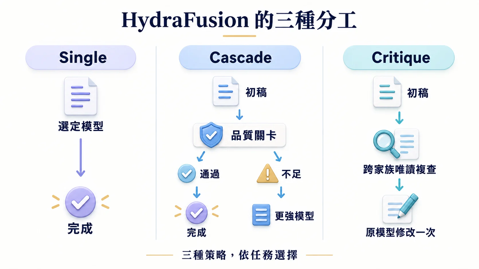 HydraFusion 三種策略:Single 單模型完成;Cascade 依品質關卡決定是否升級;Critique 經跨家族唯讀複查後由原模型修改一次