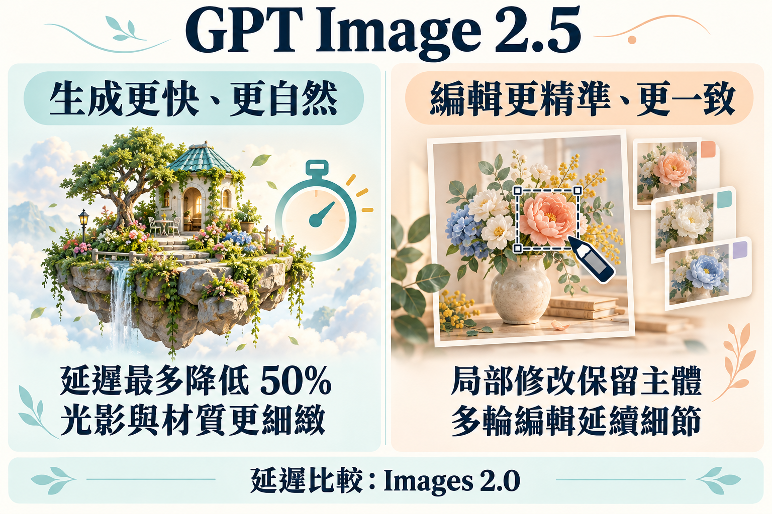 GPT Image 2.5 改進示意：相較 Images 2.0 生成延遲最多降低 50%，改善光影材質、局部修改與多輪編輯一致性