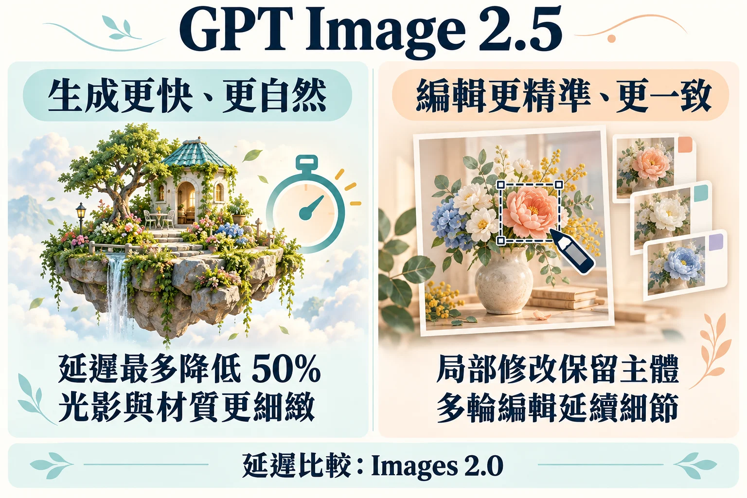 GPT Image 2.5 改進示意:相較 Images 2.0 生成延遲最多降低 50%,改善光影材質、局部修改與多輪編輯一致性