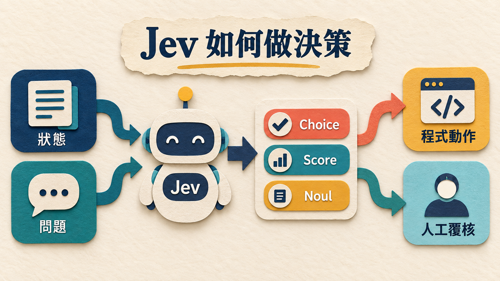Jev 接收狀態與問題，回傳 Choice、Score、Noul，再由程式決定自動處理或人工覆核