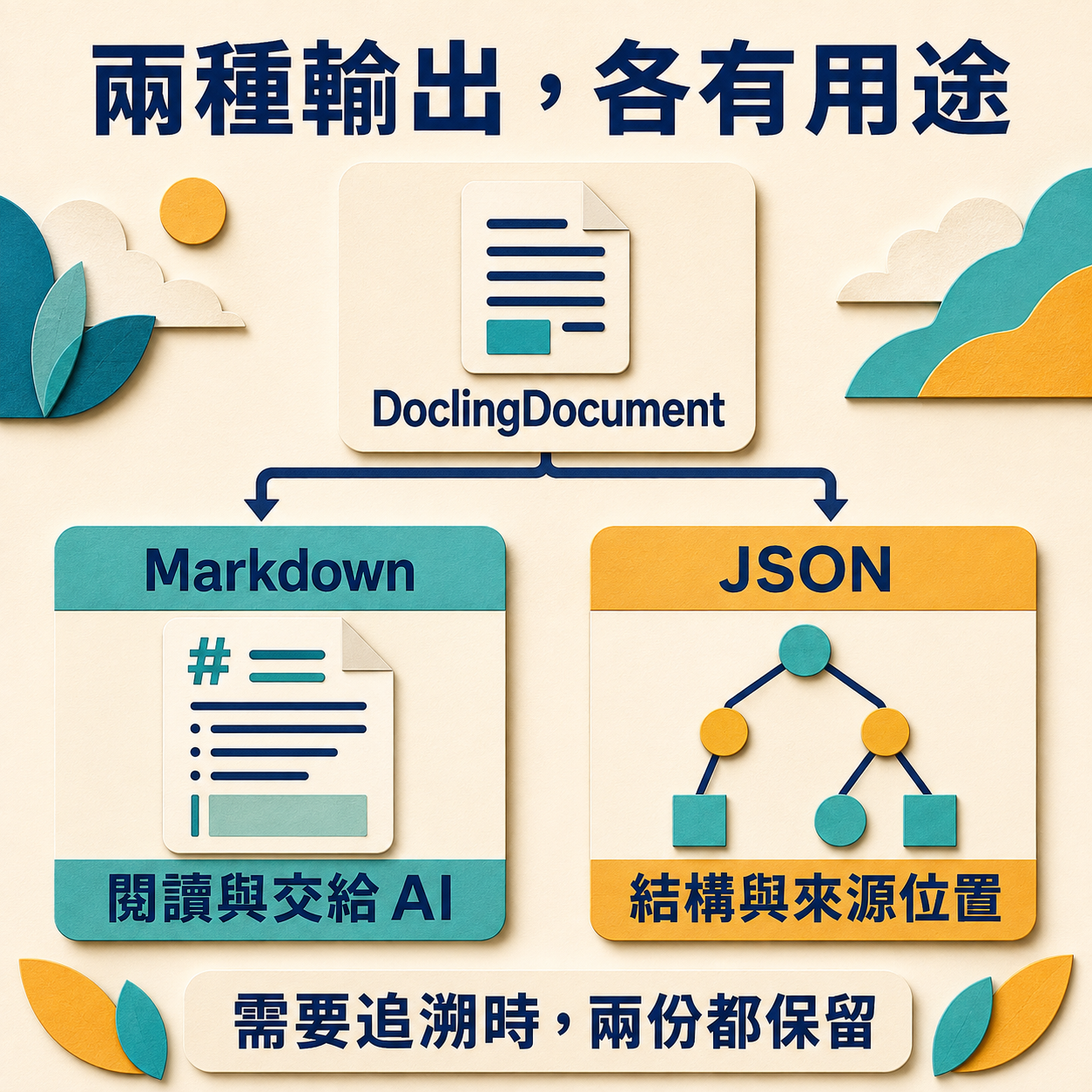 DoclingDocument 匯出 Markdown 與 JSON,分別用於閱讀及保存結構和來源位置