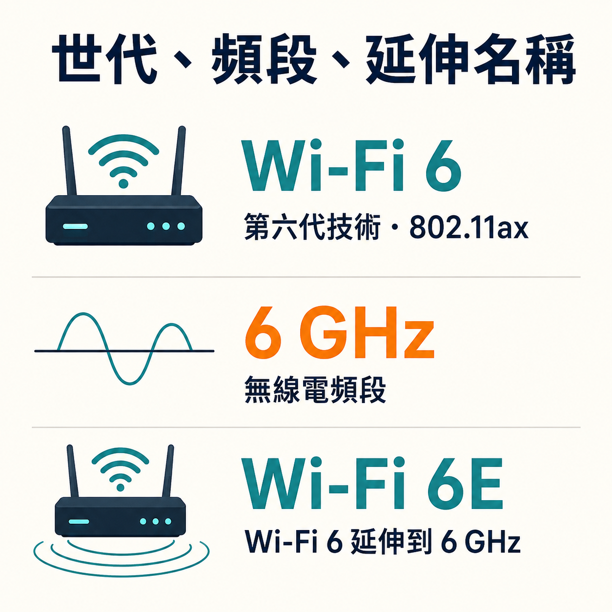 Wi-Fi 6 是第六代技術，6 GHz 是頻段，Wi-Fi 6E 是第六代延伸至 6 GHz 的名稱