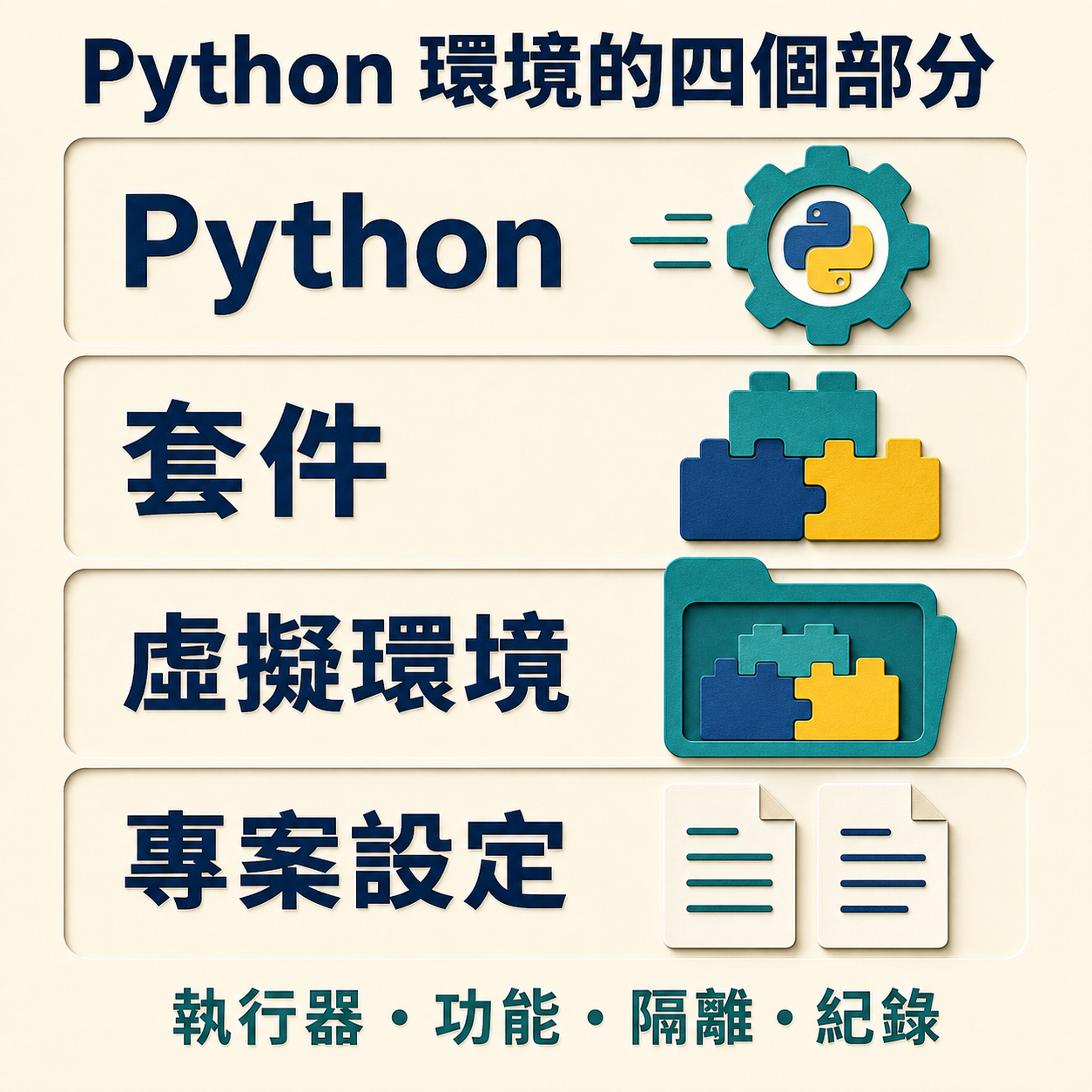Python 解譯器、套件、虛擬環境與專案設定的用途圖解