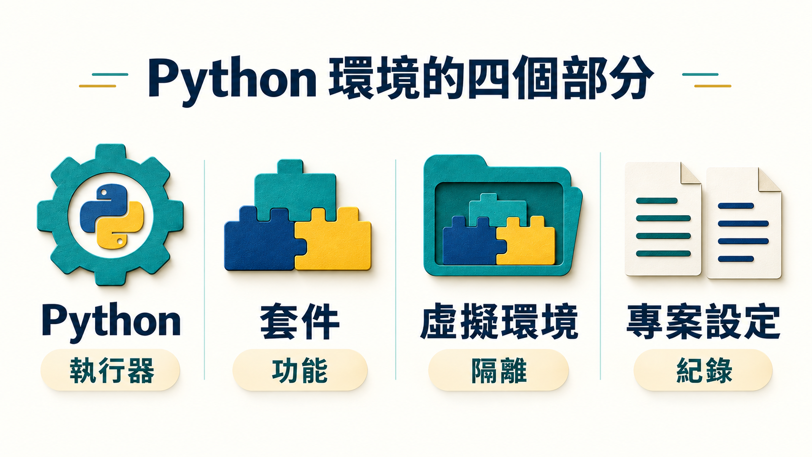 Python 解譯器、套件、虛擬環境與專案設定的用途圖解