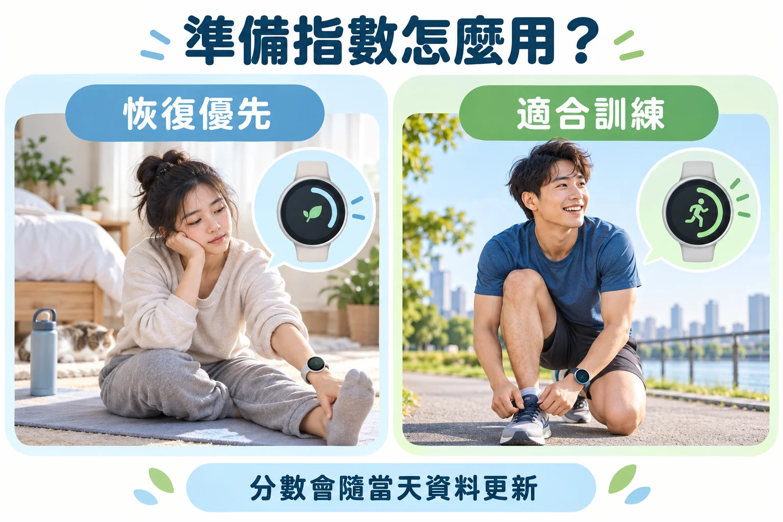 準備指數使用情境示意：身體需要恢復時改做輕量活動，狀態較好時再安排訓練