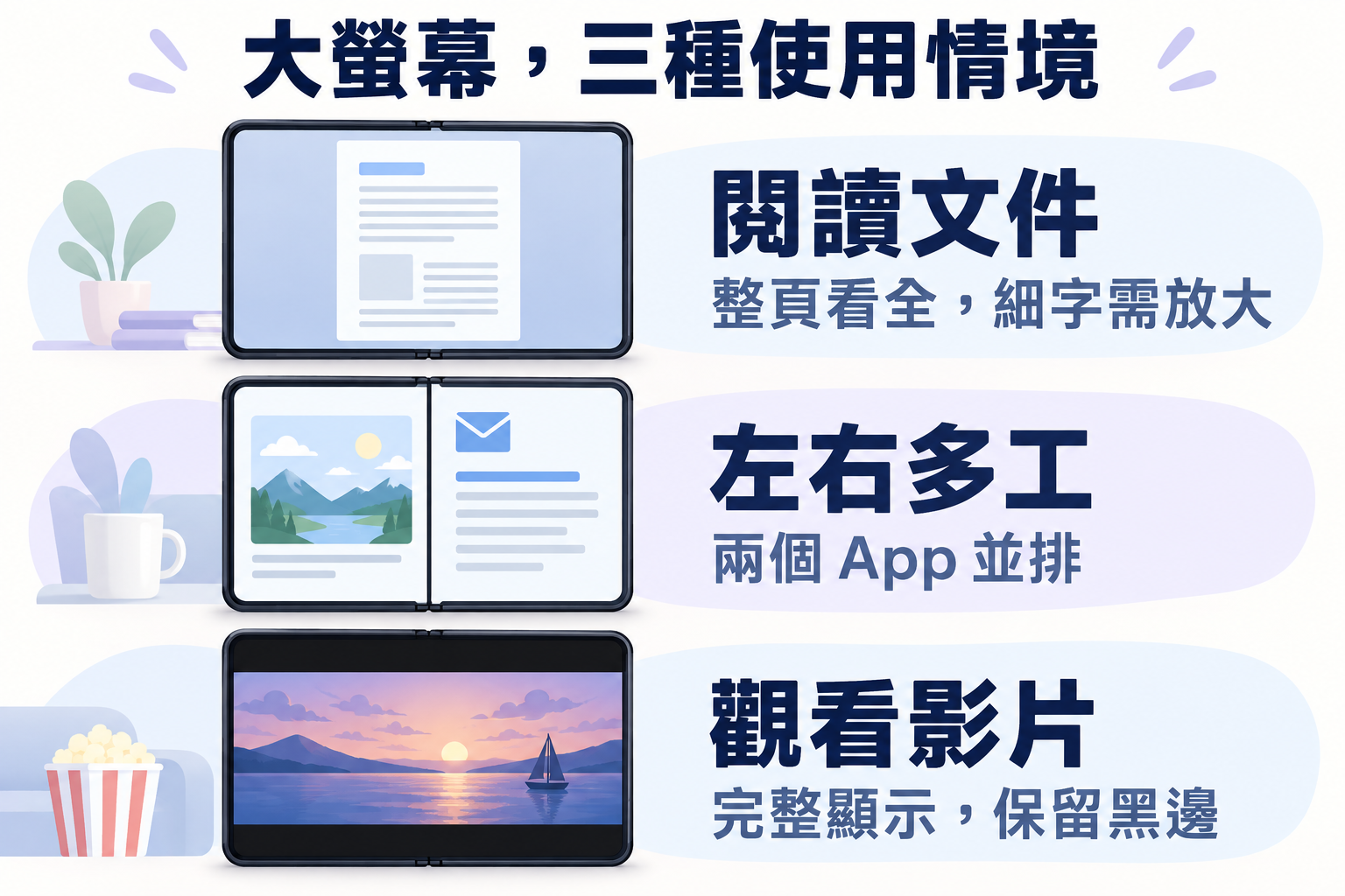 三種使用情境示意:整頁閱讀文件、左右並排兩個 App,以及保留上下黑邊完整觀看影片