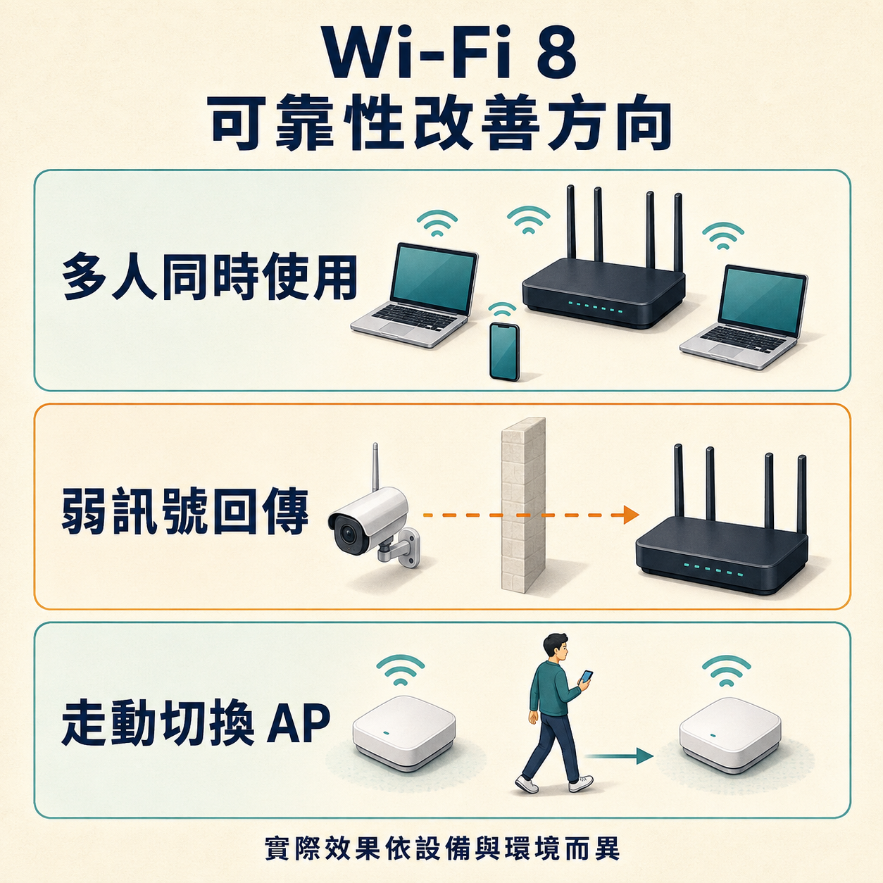 Wi-Fi 8 可靠性改善情境：多人同時使用、弱訊號裝置回傳，以及走動時切換無線基地台；實際效果依設備與環境而異