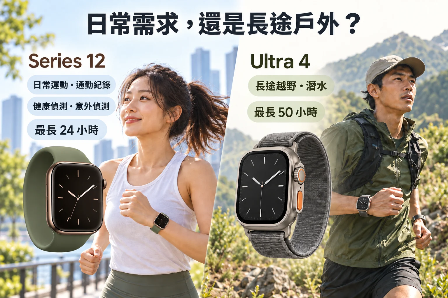 Apple Watch Series 12 與 Ultra 4 選購情境示意：Series 12 適合日常運動、通勤紀錄、健康偵測與意外偵測，Ultra 4 適合長距離越野、潛水及較長戶外活動