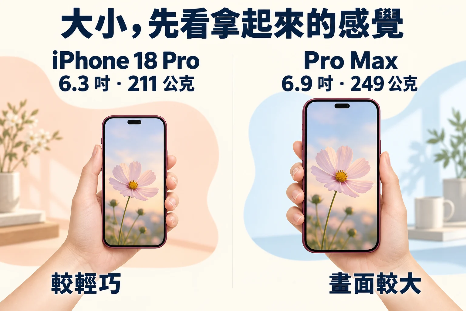 iPhone 18 Pro 與 Pro Max 選購示意：Pro 6.3 吋較輕巧，Pro Max 6.9 吋畫面較大