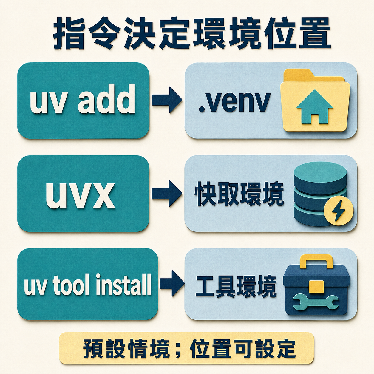 一般設定下 uv add、未持久安裝工具的 uvx 與 uv tool install 對應環境位置