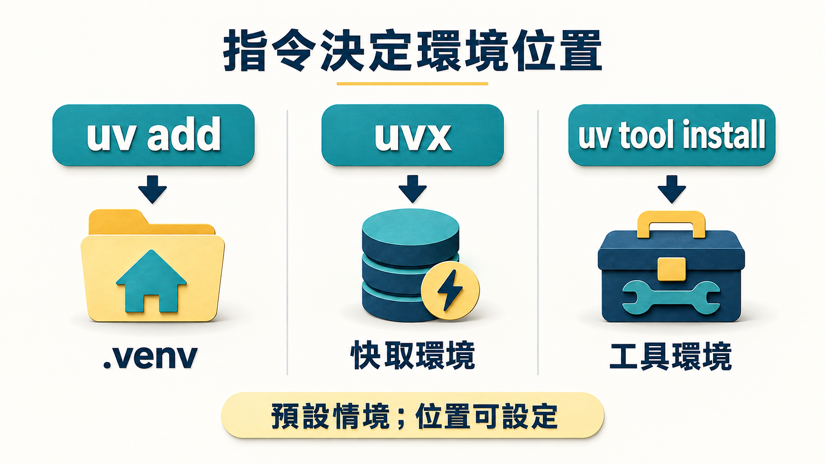 一般設定下 uv add、未持久安裝工具的 uvx 與 uv tool install 對應環境位置