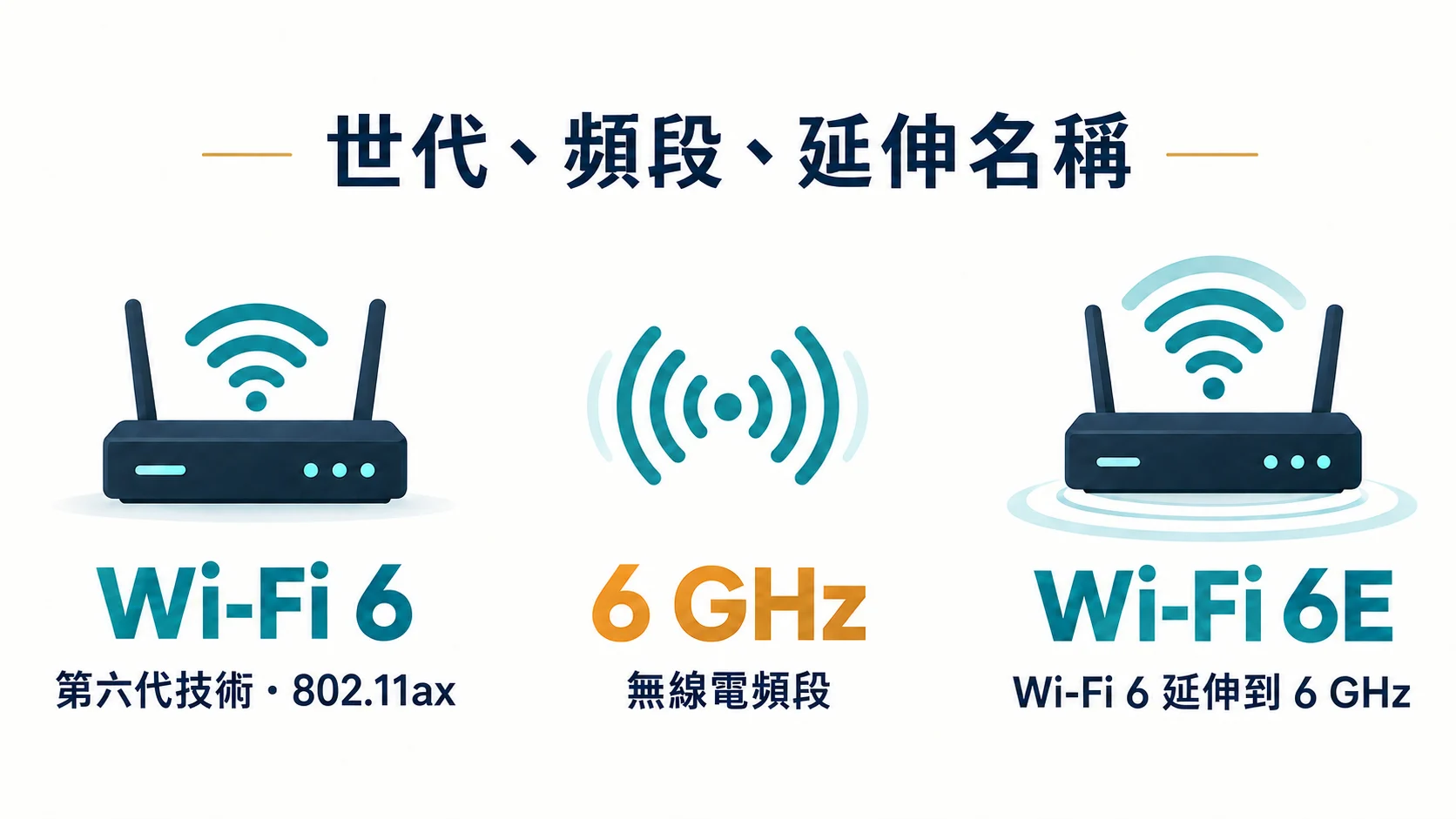 Wi-Fi 6 是第六代技術，6 GHz 是頻段，Wi-Fi 6E 是第六代延伸至 6 GHz 的名稱