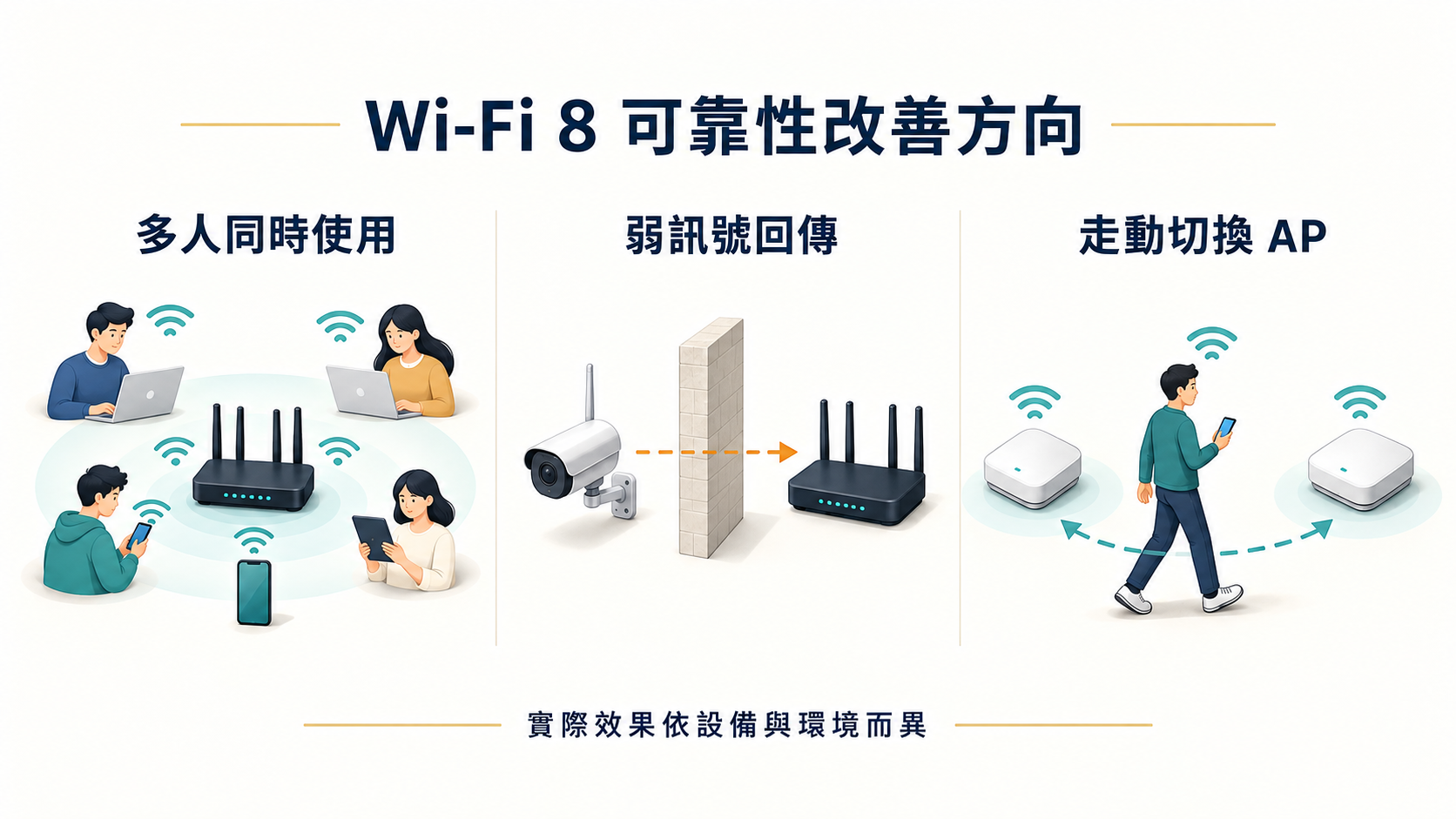 Wi-Fi 8 可靠性改善情境：多人同時使用、弱訊號裝置回傳，以及走動時切換無線基地台；實際效果依設備與環境而異