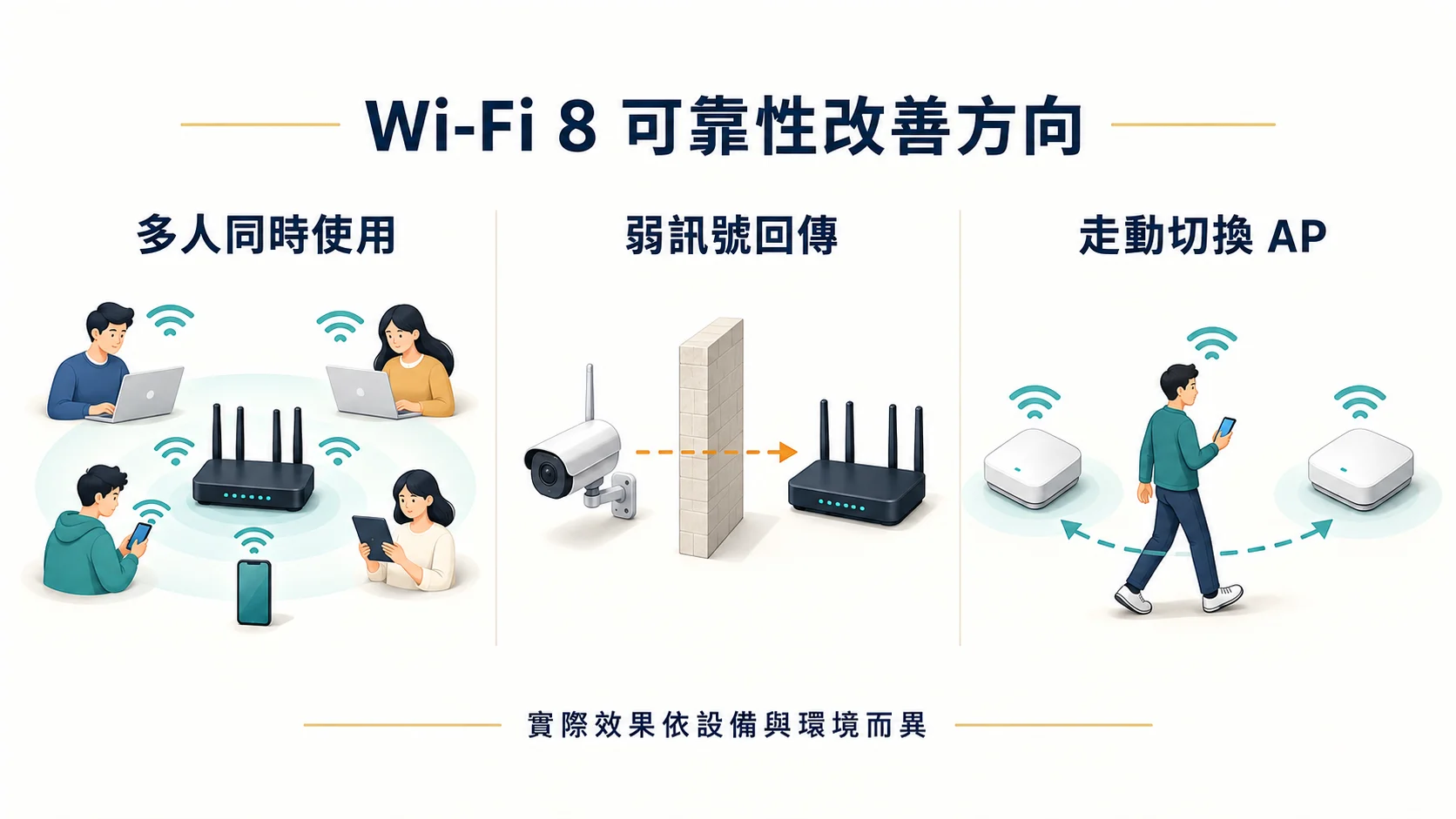 Wi-Fi 8 可靠性改善情境：多人同時使用、弱訊號裝置回傳，以及走動時切換無線基地台；實際效果依設備與環境而異