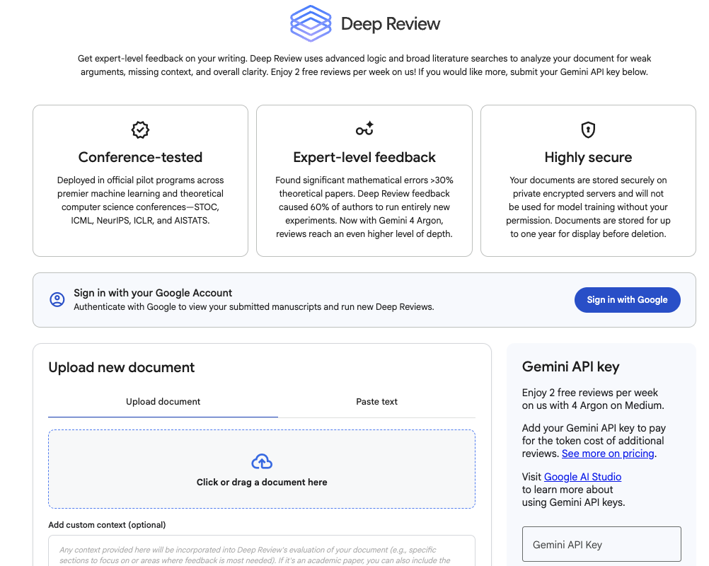 Deep Review 網頁介面，包含 Google 帳號登入、文件上傳、貼上文字及 Gemini API Key 欄位