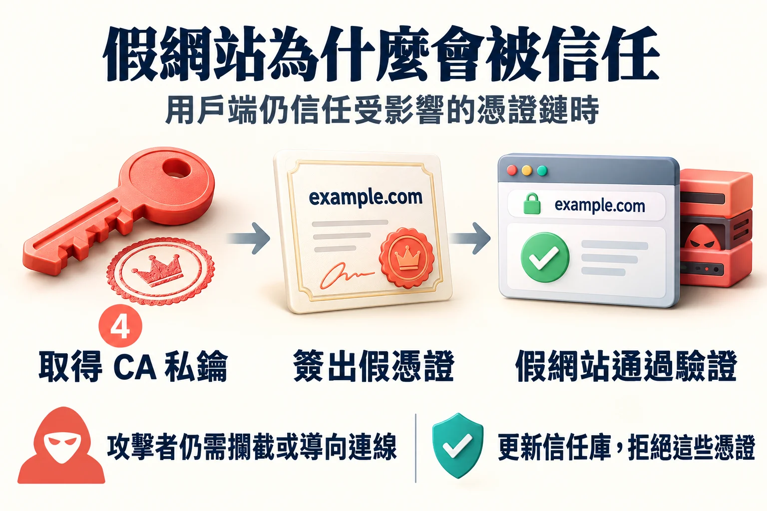 攻擊者取得中繼 CA 私鑰後可簽出假憑證；若用戶端仍信任相關憑證鏈，並被攔截或導向假網站，假網站可能通過身分驗證