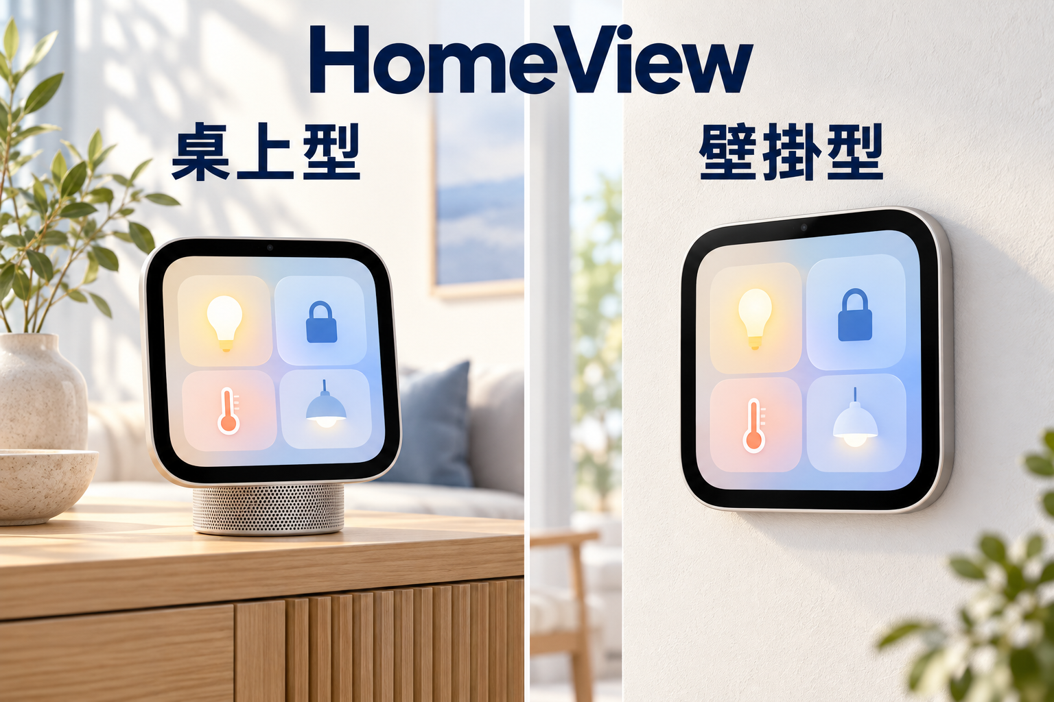 HomeView 桌上型放在桌面上，壁掛型固定於牆面，兩種擺放方式的對照示意。