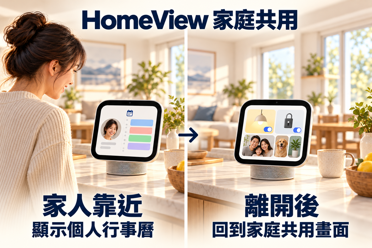 HomeView 家庭共用示意：家人靠近時顯示個人行事曆，離開後回到家庭共用畫面。