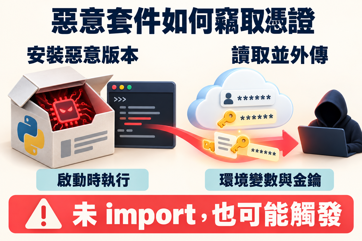 LiteLLM 惡意版本透過 Python 啟動機制執行，讀取環境變數與金鑰並外傳