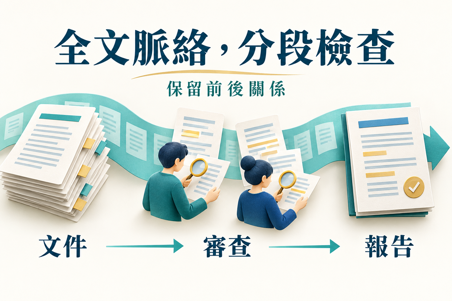 Deep Review 文件審查示意：保留全文脈絡，分段檢查後彙整為報告