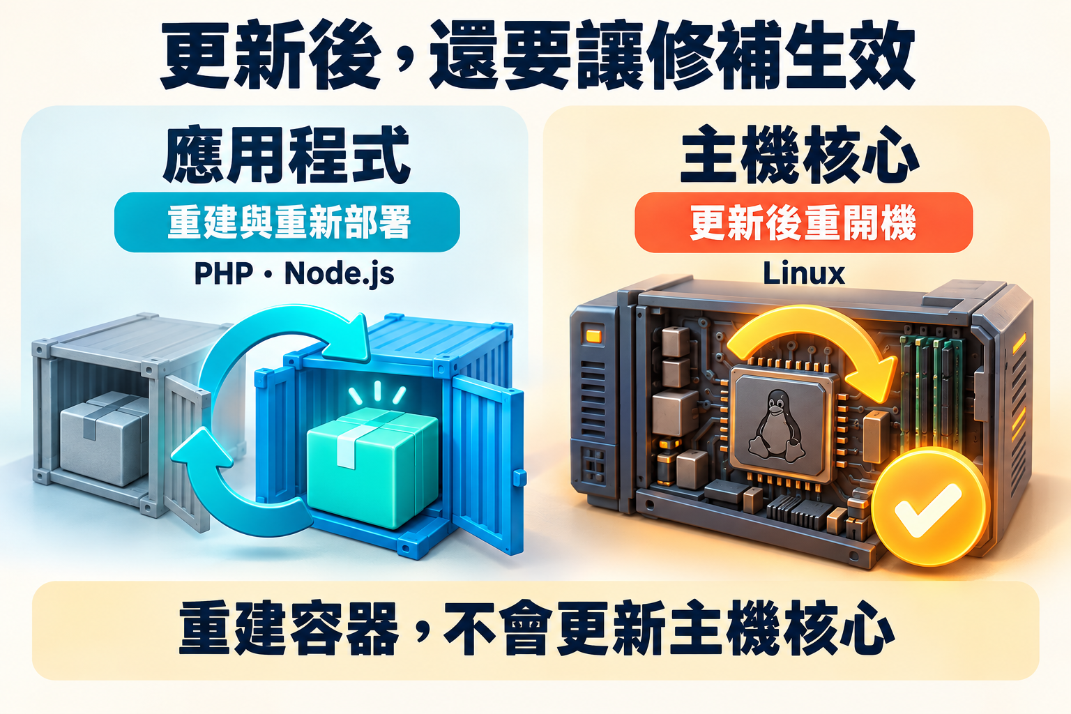 容器內的 PHP 與 Node.js 需要重建部署，Linux 主機核心更新後需重開機