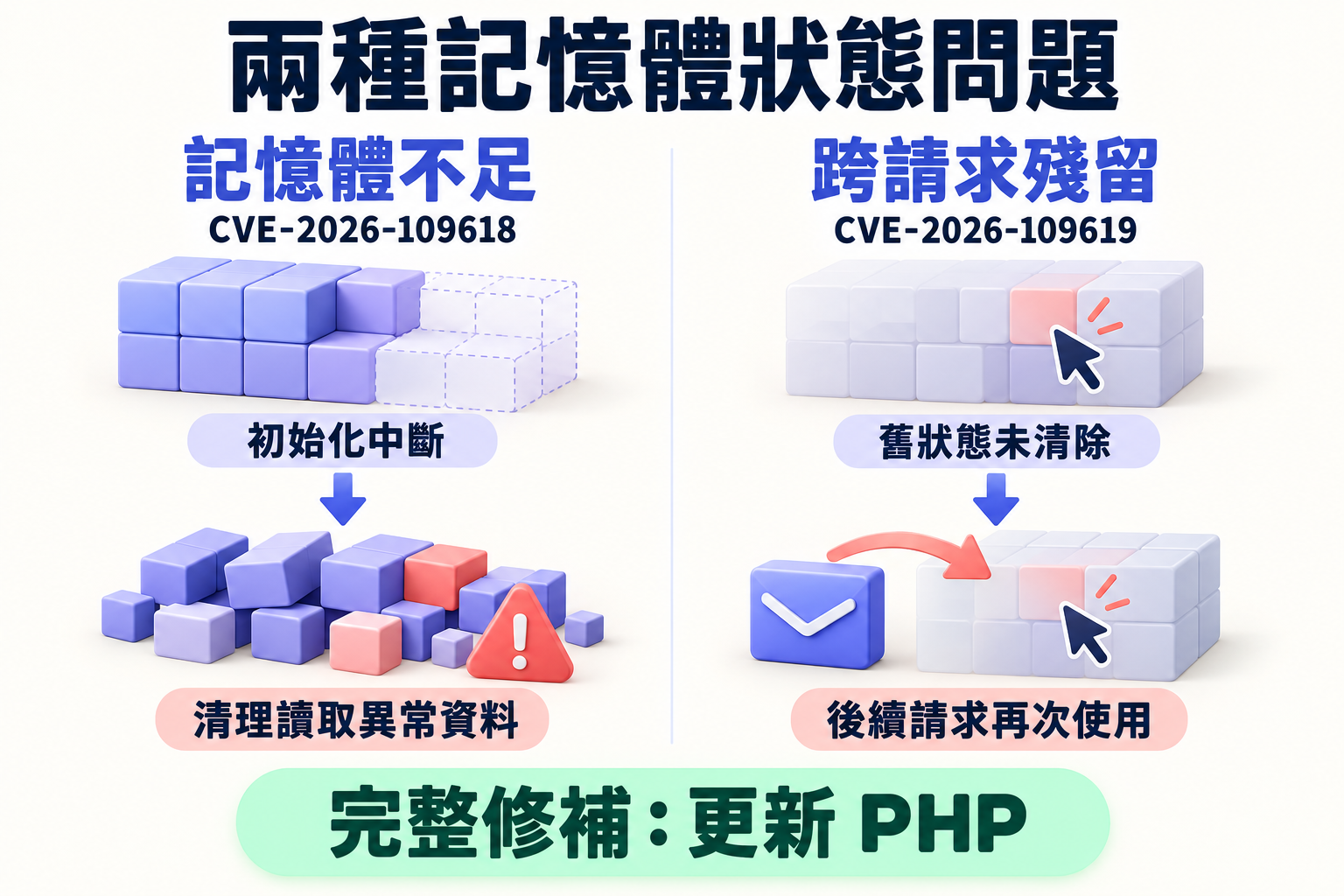 PHP 兩個漏洞對照：記憶體不足中斷初始化，與跨請求殘留已釋放的狀態